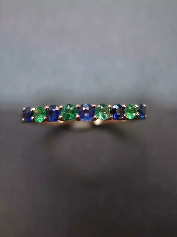 Natural Emerald Blue Sapphire Half Eternity Ring 14K Solid Yellow Gold