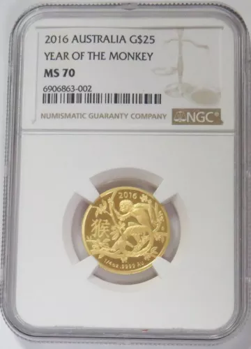 2016 GOLD AUSTRALIA $25 LUNAR YEAR OF THE MONKEY 1/4 OZ COIN NGC MINT STATE 70