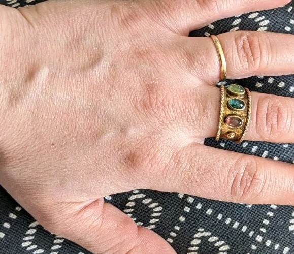 Solid Silver 24ct Gold Leaf Jade Adjustable ring … - image 11