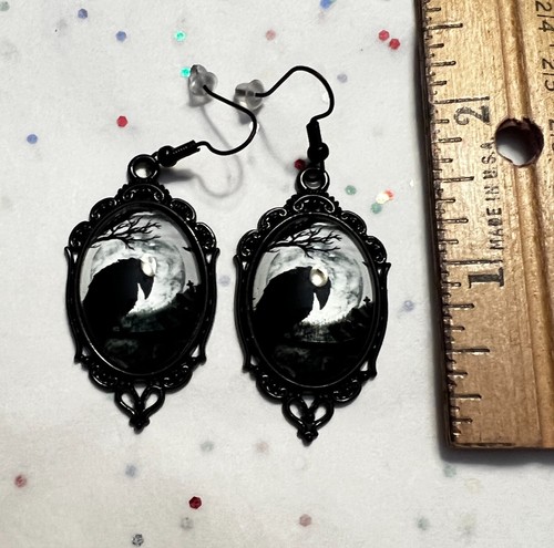 NEW Black Crow Moon Earrings Alternative Gothic Mystic Gift Halloween 1.8x.8 - Picture 4 of 7