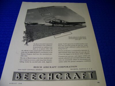 1940 BEECHCRAFT MODEL 18A ''GROWTH..'' 1-PAGE SALES AD (873FF)