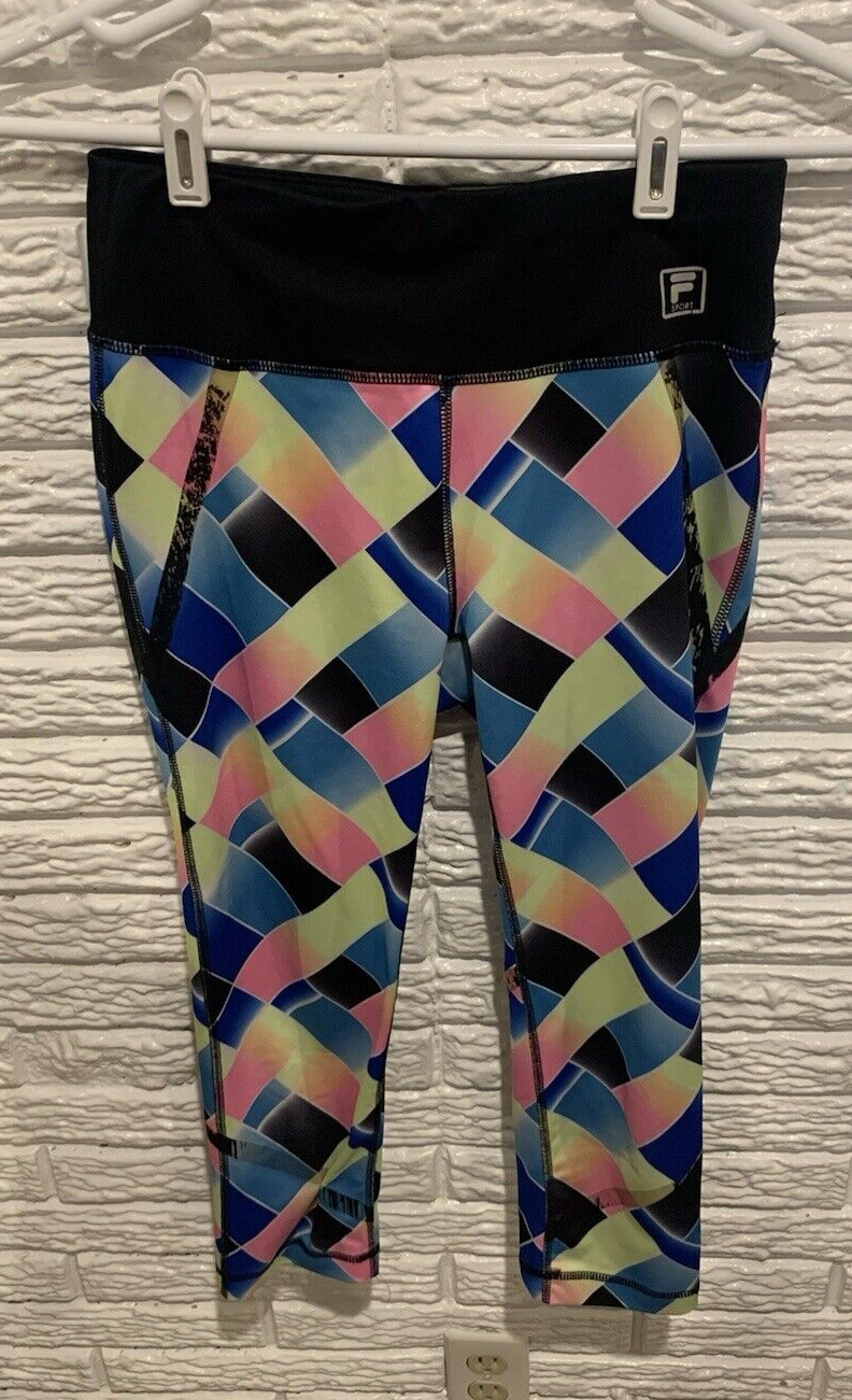 Fila Sport Leggings Capri Donna Taglia Small Nero con Gambe Colorate 20"=Cucitura