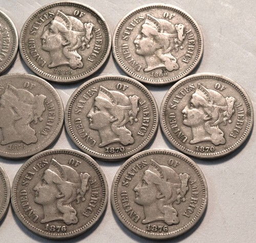 Lot (10) Three Cent Nickels 1865 1866 1868 1870 1872 1876 Better Type 3CN Coins - Picture 4 of 7