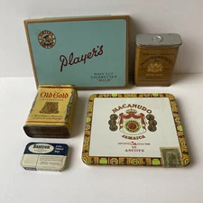 Lot of 5 Tobacco Smoker Tins: Bantron Philip Morris Old Gold Player's Macanudo