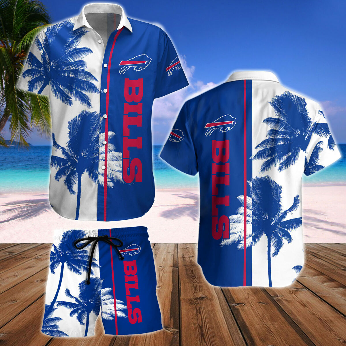 Buffalo Bills Hawaiian Wear Mens Summer Button-down Shirt Beach Swim Trunks