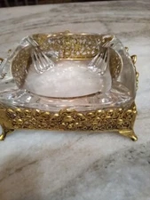 VTG 1950’ Lead Crystal Ashtray W/ Gold Tone Ormolu Filigree Footed Stand