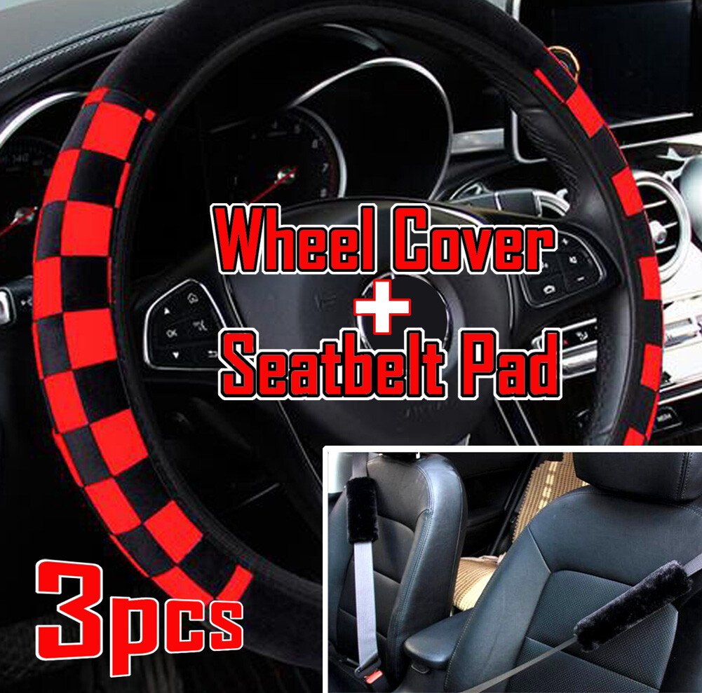 3x Universal Sport Plush Fur Racing Flag Steering Wheel Cover Car Seat Belt Pad;