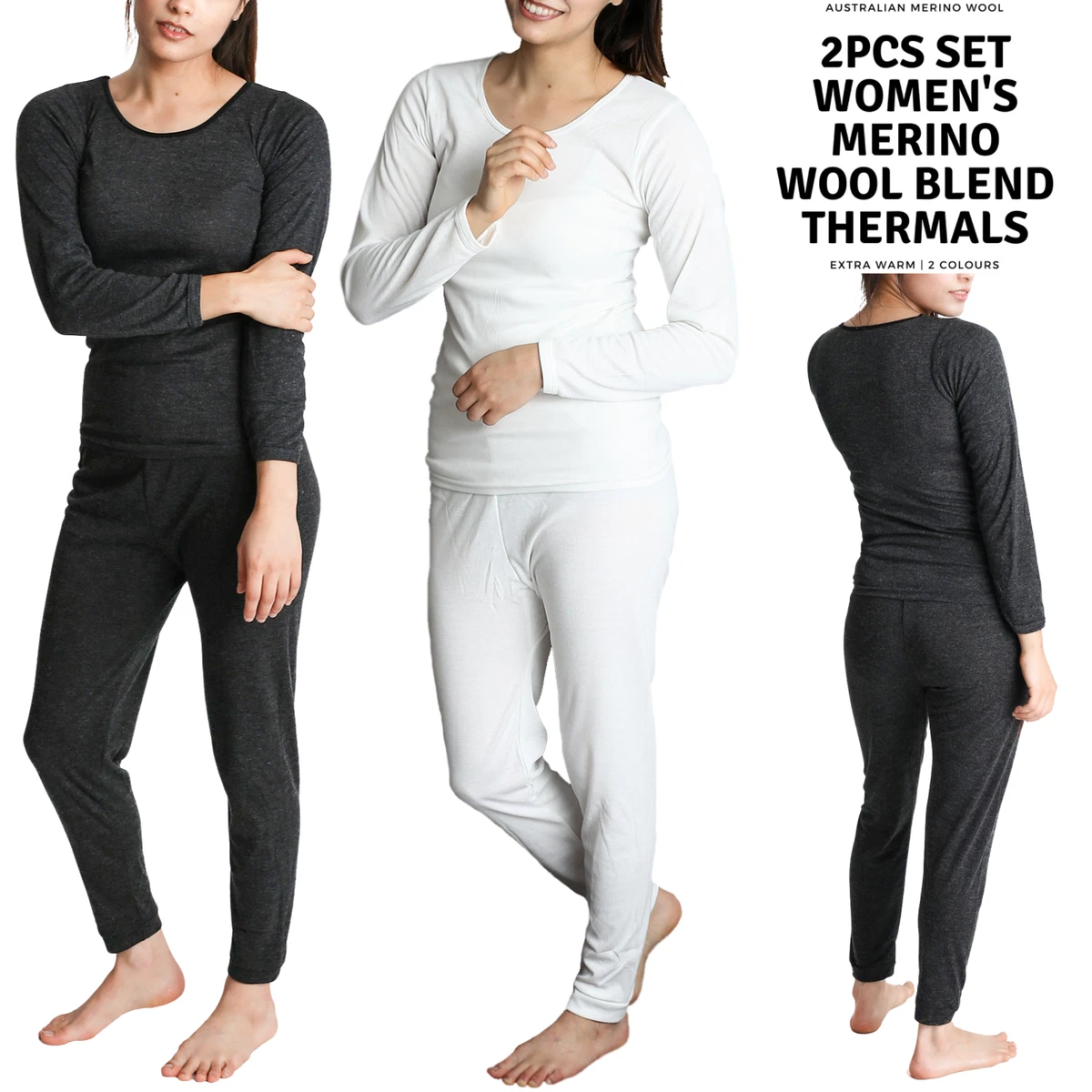 2pcs Women's Merino Wool Blend Top & Pants Thermal Set Long Johns