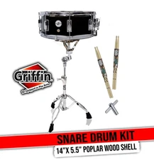 Wood Snare Drum Set by GRIFFIN with Snare Stand, 4x Maple Drum Sticks, Drum Key