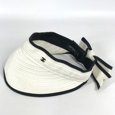 CHANEL 22P CC CC Mark Ribbon Ribbon hat Sun visor Raffia White 22C CHANEL WHITE BLACK RAFFIA RIBBON SUN VISOR L | eBay main image 2
