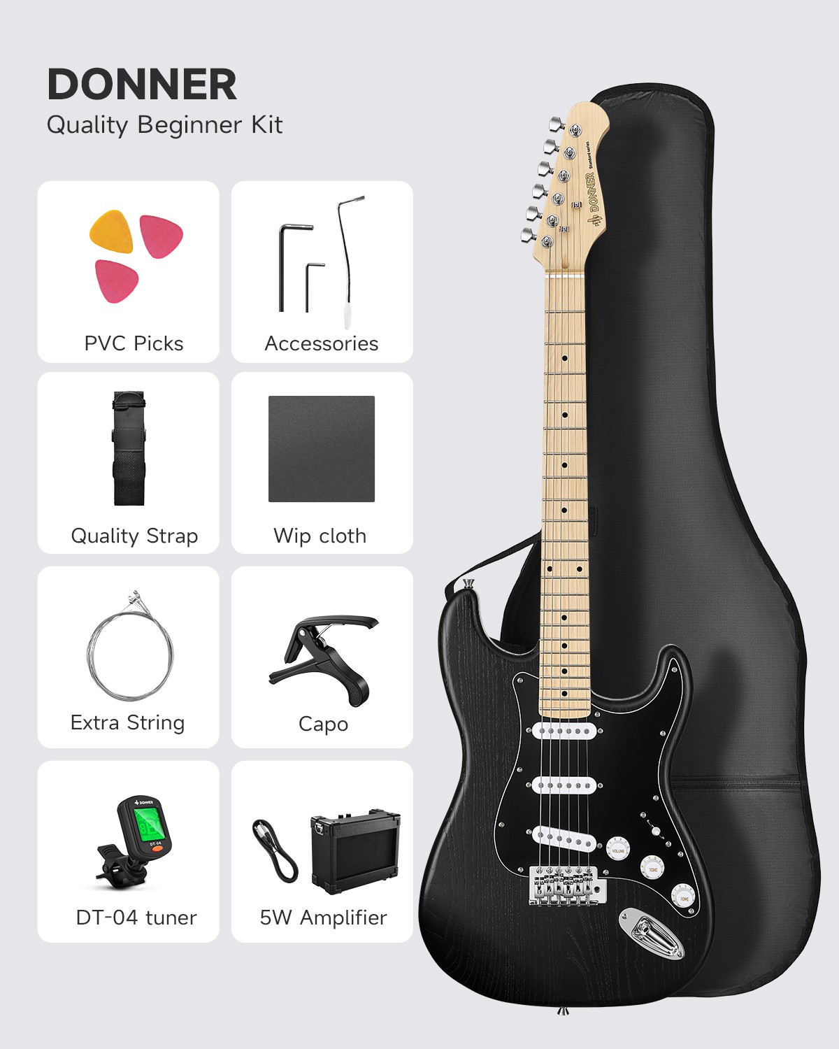 🎸 Donner DST-80 Electric Guitar With Amp Bag Strap Tuner Solid Body SSS Pickup