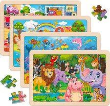 Wooden Puzzles Toys for Kids Ages 4-6 3-5, Set of 4 Packs with 24-Piece, Farm...