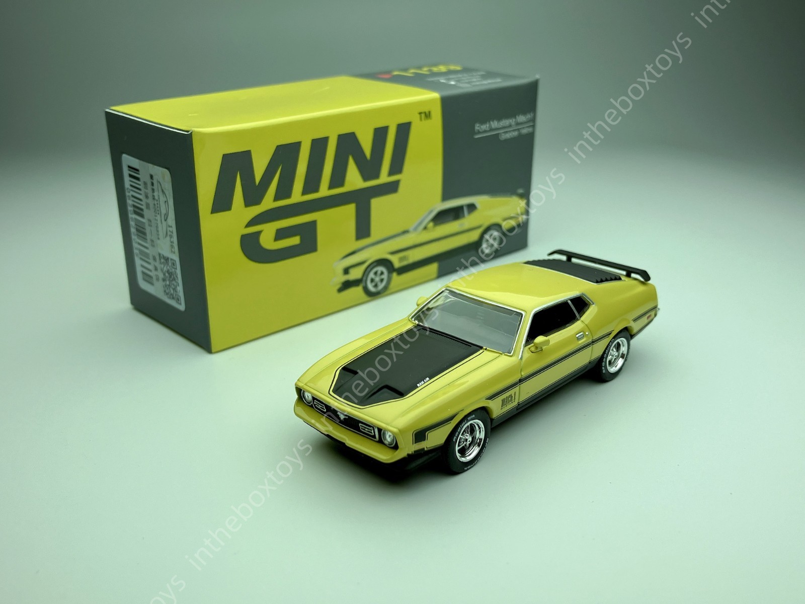 MINI GT 1139 Ford Mustang Mach1 Grabber Yellow 1/64 LHD New Diecast Model Car