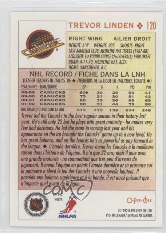 1992-93 O-Pee-Chee Trevor Linden #120 - Image 2 of 2