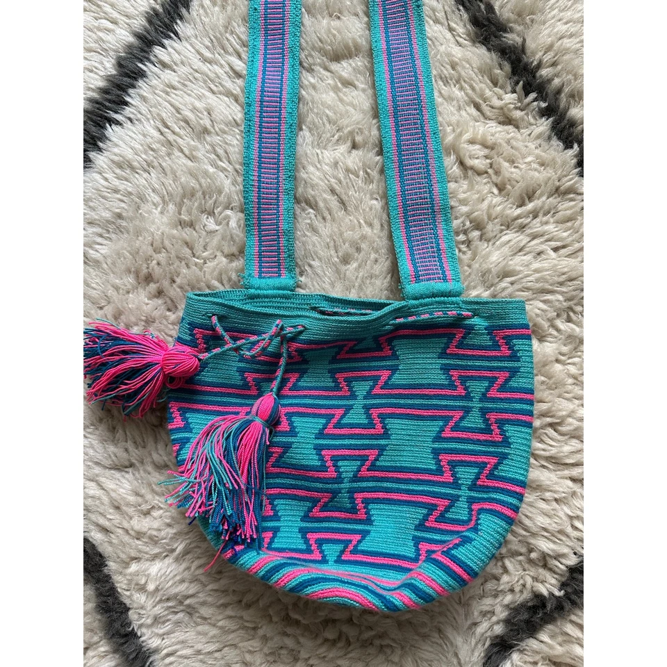 Подлинный 100% Wayuu Mochila колумбийская сумка хлопок конфеты богемный синий розовый неон - Изображение 2 из 4
