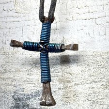 Blue Horseshoe Nail Cross Necklace Handmade Unpainted Nails Christian Gift
