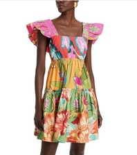 FARM Rio Foliage Mix Ruffle Square Neck Mini Dress Womens M Boho Festival Resort