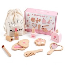 Wooden Makeup Toy Set Toddler Pretend Play Beauty Vanity Cosmetic Kit Girls Gift
