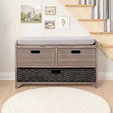 Storage Bench with Removable Cushion White Washed Shoe Cabinet with Baskets, ...