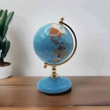VTG Rare Semi-Precious Gemstone Globe 8" Stand Inlaid Brass Blue And Golden