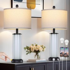 Black Glass Table Lamps Set of 2, 26" Living Room Lamp with Built-in Frosted ...