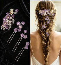 Rhinestone Flower Hair Pieces Bridal Purple Flower Hairpins Hair Comb Set for...