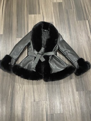 Anessta Women's Black Faux Leather Jacket Fur Trim Belted Tie Closure Size S