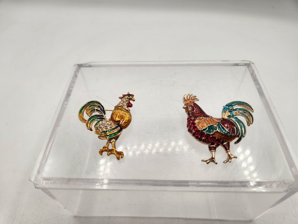 Vtg NAPIER Enamel Rhinestone CHICKEN  ROOSTER Gold tone BROOCH W/2nd No Name Pin