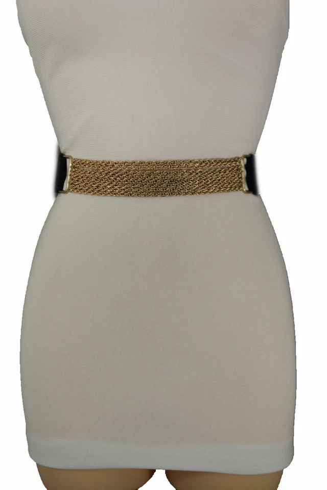 Mujeres Cintura Elástica Negra Banda Estrecha Cinturón Cintura de Cadera Hebilla de Cadena Dorada S M Foto 3 de 4