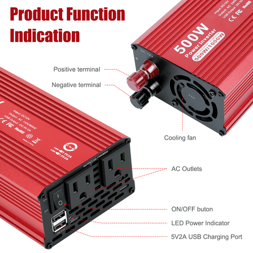 Car Vehicle Power Inverter 1000W Peak DC 12V to AC 110V 120V Converter 2 AC USB - Picture 5 of 10