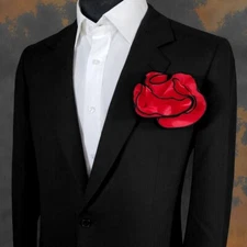 NEW - Men's 2-in-1 Pouf Round Pocket Square - Red Satin with Black Trim