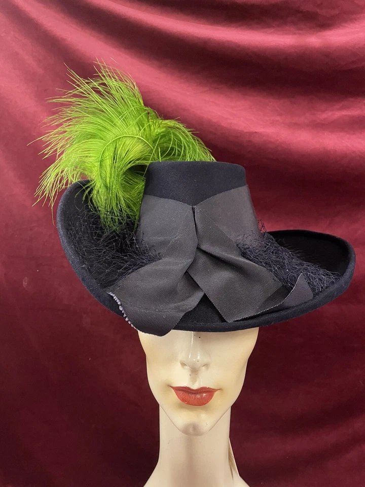 复古 40 年代海军羊毛帽子倾斜绿色羽毛坎贝尔加州帽子  — 第 3/4 张图片