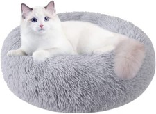 Light Gray Round Pet Beds 20'' For Puppy Kitty Cats, With Slip-Resistant Bottom