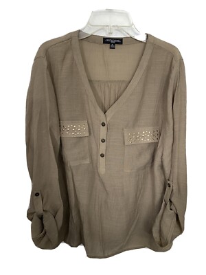 Notations L Beige V Neck bohemian Semi Sheer Roll Tab Sleeve Studded Blouse Euc