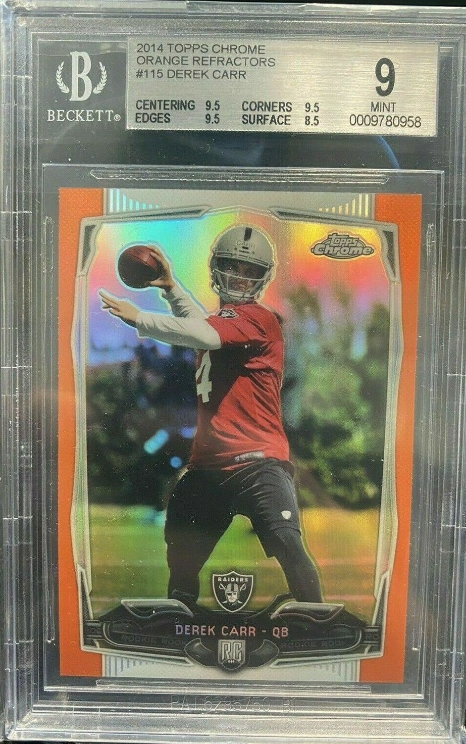 DEREK CARR RAIDERS 2014 TOPPS CHROME ORANGE REFRACTOR ROOKIE CARD BECKETT MINT 9