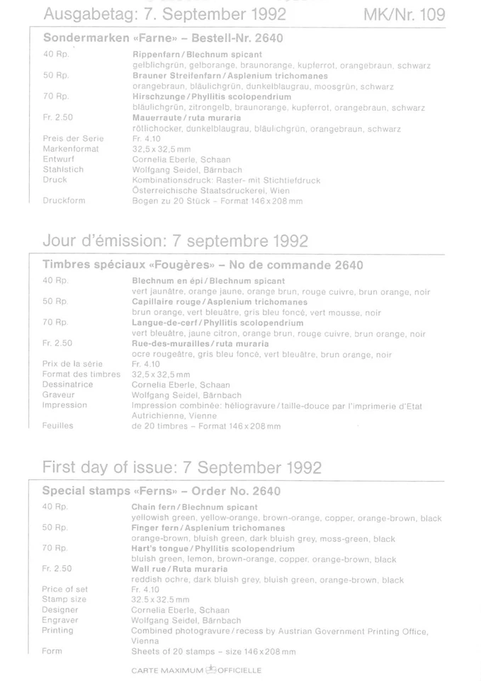 Maximum Card FDC LIECHTENSTEIN Plant 1992 September MK 109 N3 - Image 2 of 2