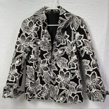 Linda Allard Ellen Tracy Jacket Blazer Womens 10 Black White Floral Open Front