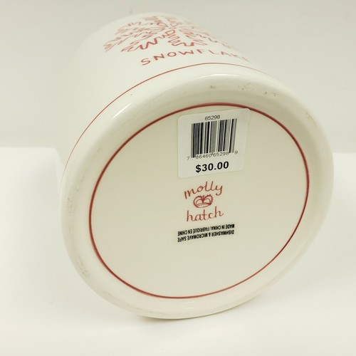 Molly Hatch Kitchen Utensil Crock Holder Snowflake White Red Ceramic 7" x 7" - Picture 5 of 7