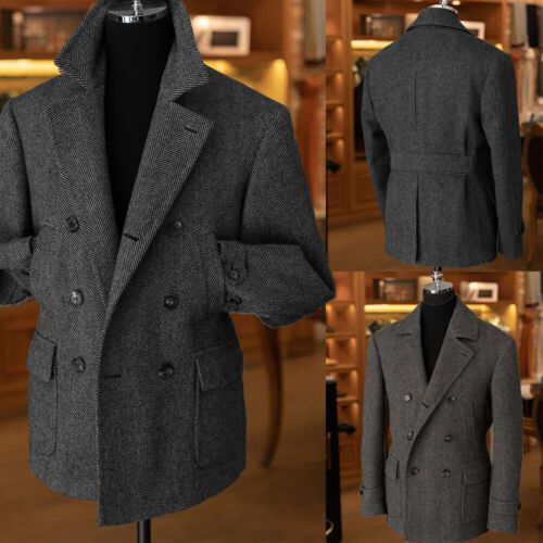 Men Dark Gray Herringbone Tweed Blazer Peacoat Outwear Jacket Coat Fall Winter