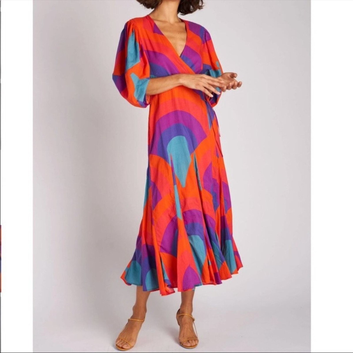 Rhode Resort Red Fiona Rainbow print cotton wrap dress XS