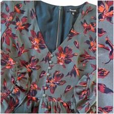 Madewell Women’s Mini Dress Size 8 Green Floral Print Long Sleeve Button V-Neck