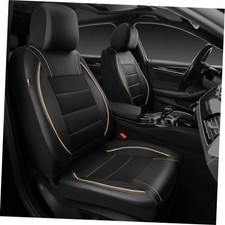 Universal FIT Piping Leather Two Front Seat Covers, Waterproof Black Beige
