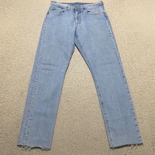 Levis 501 Jeans Womens 27x28 Blue Denim High Rise Button Fly Straight Raw Hem