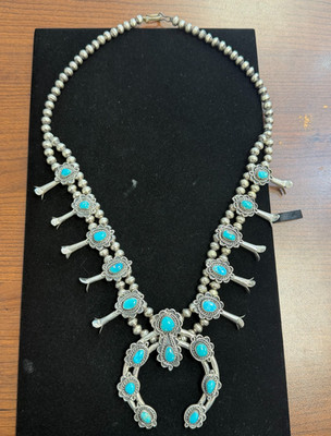 Vintage NAVAJO Squash Blossom Necklace Turquoise Sterling Silver 164g