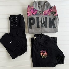 XS Lot of 3 Victoria  s Secret PINK Half Zip Floral Shirt Laced Leggings Dog Logo