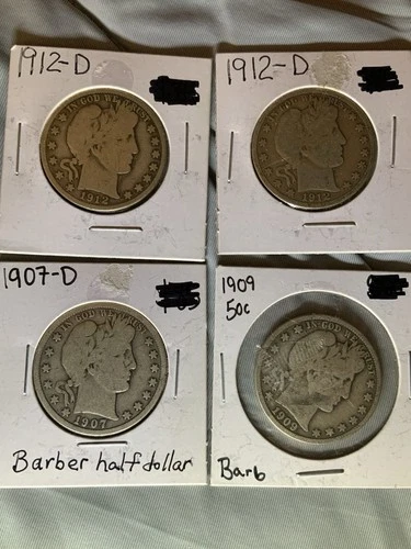 Lot of Four Barber Half Dollars, 1907D, 1909, 1912D & 1912D