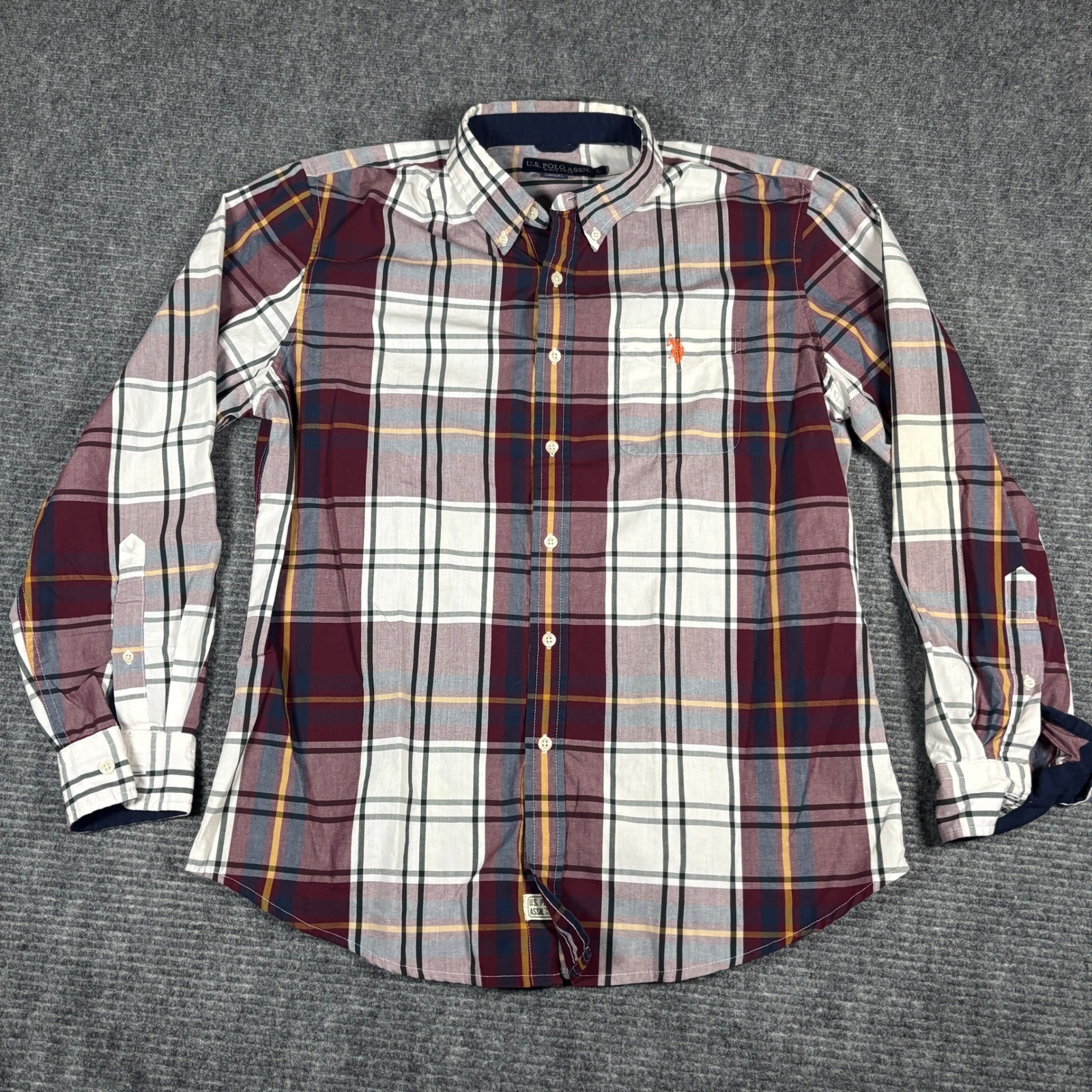 Vtg US Polo Assn Mens Long Sleeve Plaid Button Down Shirt Size L Orange Pony