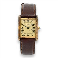 VINTAGE LADIES MUST DE CARTIER TANK QUARTZ WRISTWATCH STERLING SILVER BOX AS IS