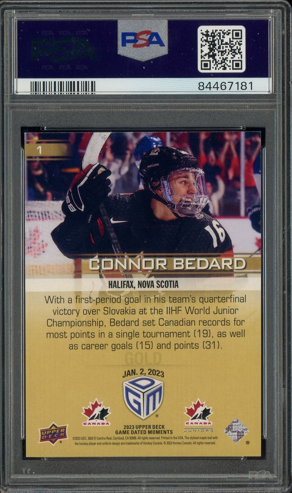 2023-24 Upper Deck Hockey Game Date Moments Gold Connor Bedard RC Rookie PSA 9 view 2