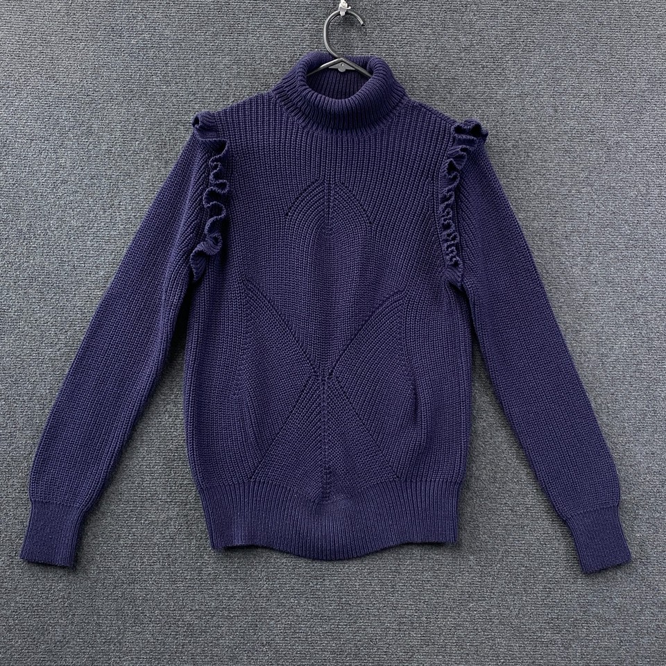 Portmans Womens Turtleneck Sweater Dark Blue Ribbed Knit Ruffled Shoulder Size M